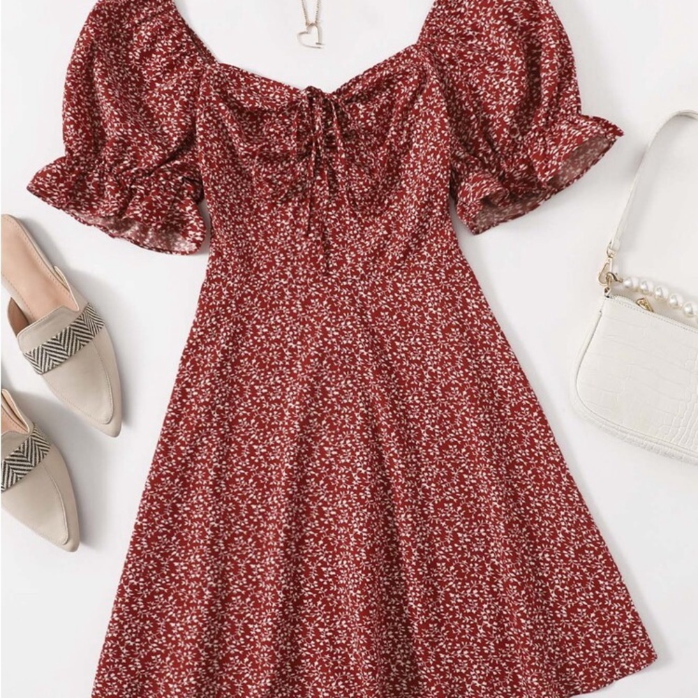 SHEIN Burgundy Floral Puff Sleeve Mini Dress